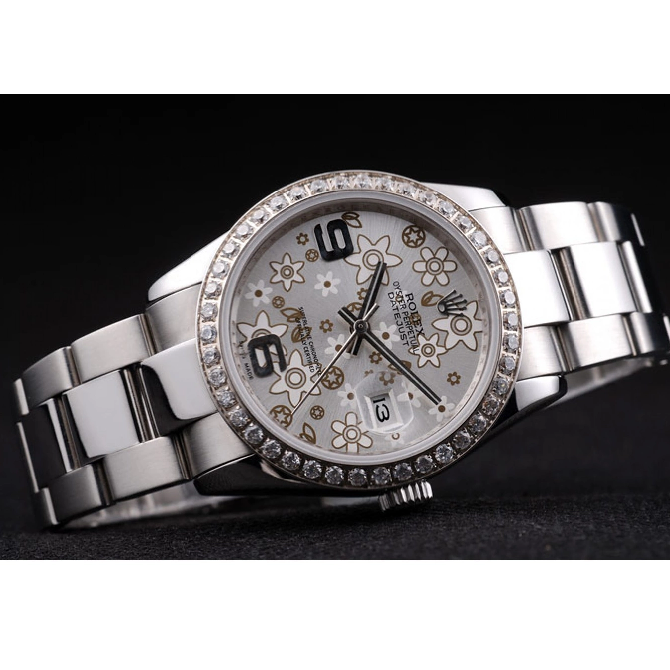 MiroTime 0815 Rolex Datejust Stainless Steel Silver Flowers Dial Diamond Plated rl305